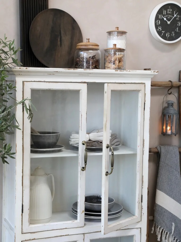 Vitrină shabby chic din lemn cu 4 uși vitrate, finisaj crem antichizat, 4 rafturi, 156×73×33 cm, „Provence"