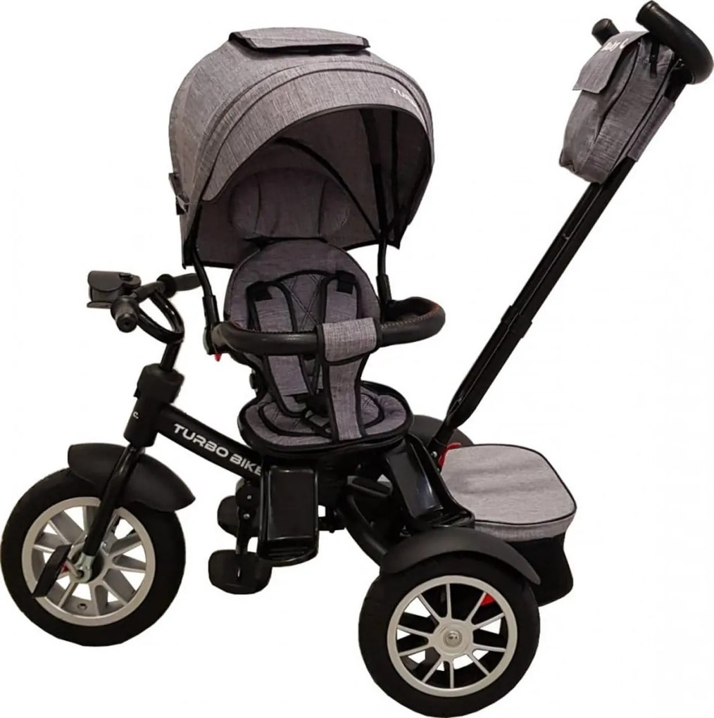 Tricicleta cu copertina Baby Care™ Turbo Bike , Cu far luminos, Roti din cauciuc, Pozitie somn, Pedale si maner pentru parinti, Scaun reversibil cu