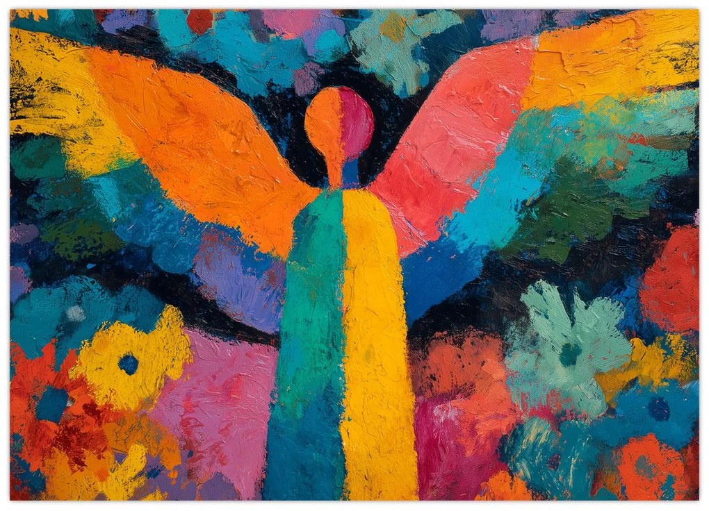 Tablou pe sticlă - Înger abstract cu flori (70x50 cm)