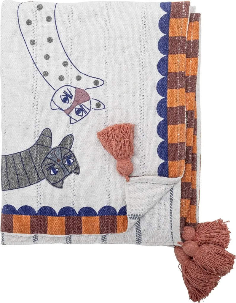Pătură din bumbac reciclat, multicolor, cu motiv de pisică imprimat și dungi pe verso, cu ciucuri în colțuri, 160x130 cm, „Missy"