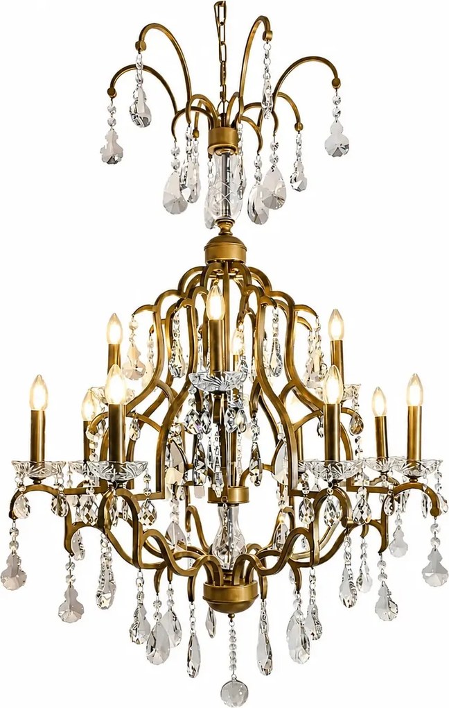 Candelabru din metal, auriu, cu 12 brațe tip lumânare și cristale din sticlă transparentă, 135 x 95 cm, „Cambridge”