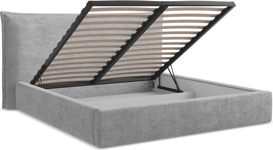 Pat matrimonial gri deschis tapițat cu spațiu de depozitare cu somieră 140x200 cm Esala – Makamii