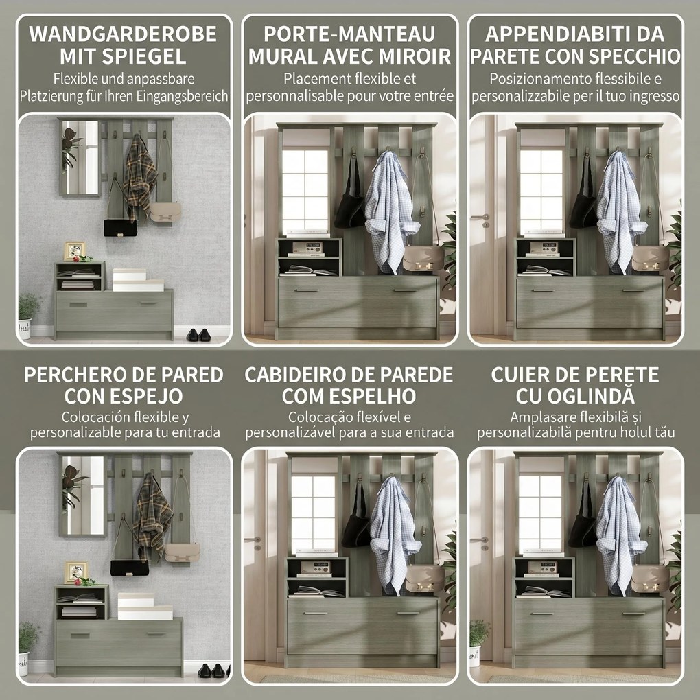 HOMCOM Set de Depozitare 4-în-1 pentru Hol, Cuier de Perete cu Oglindă, Bancă pentru Încălțăminte, 85x15x110 cm, Gri | Aosom Romania