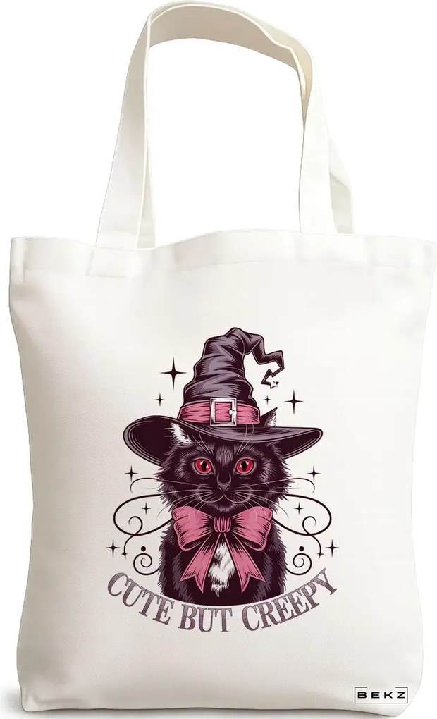 Sacosa de Panza pentru Cumparaturi, Geanta Tote, model Cute but creepy 38 x 34.5 cm, Alba, BEKZ®