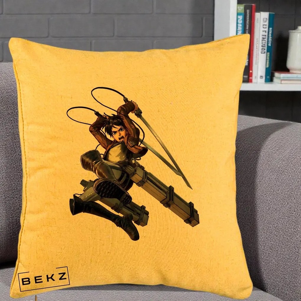 Perna Personalizata Attack on Titan Eren Yeager Lupta, 40x40 cm, Galben, Husa Detasabila, Perna Inclusa, BEKZ®