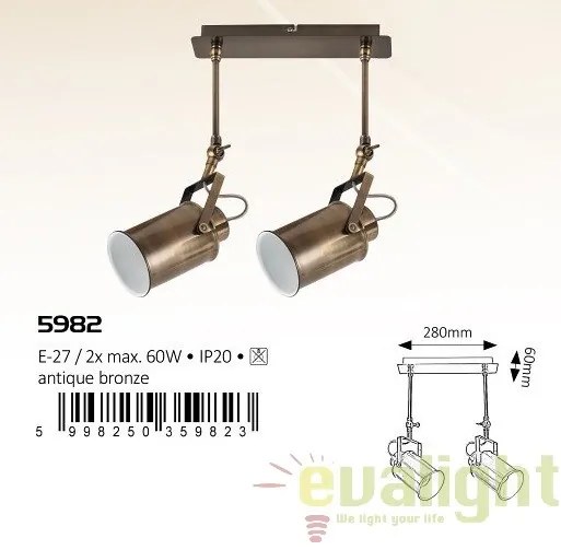 Plafoniera, Lustra cu 2 spoturi design Industrial Style, finisaj bronz antic, Peter 5982 RX