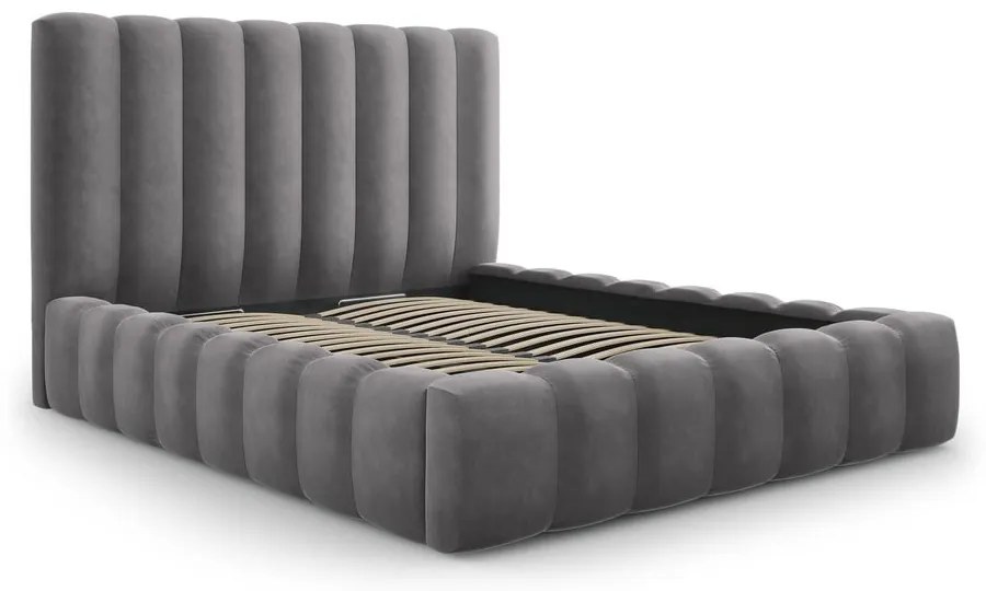 Pat dublu 160x200 cm gri tapițat cu spațiu de depozitare și somieră Kelp – Micadoni Home