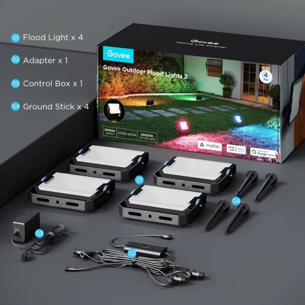 Govee - Set de 4 proiectoare LED RGBICWW reglabile, 24W/230V, IP66, compatibile Matter, Wi-Fi