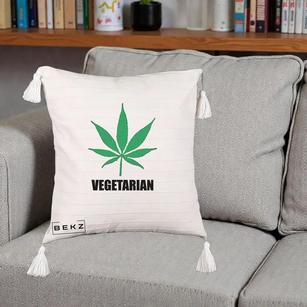 Perna Decorativa Vegetarian cu Frunza, 40x40 cm, Bej cu Franjuri, Husa Detasabila, Perna Inclusa, BEKZ®
