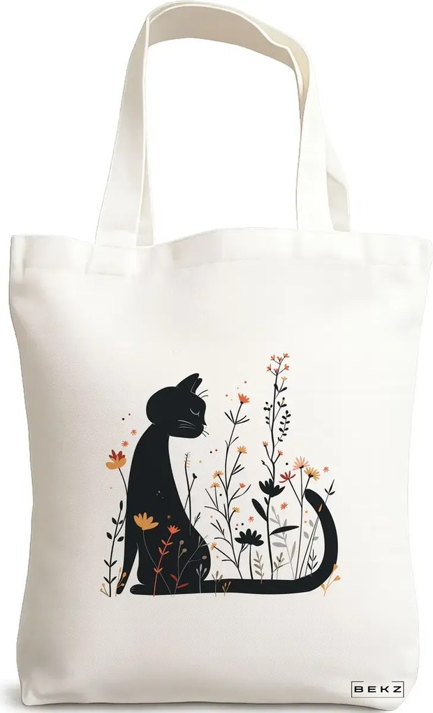 Sacosa de Panza pentru Cumparaturi, Geanta Tote, model Cat and Flowers 1, 38 x 34.5 cm, Alba, BEKZ®