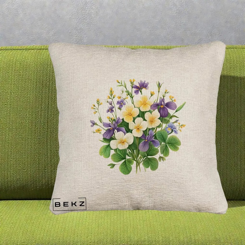 Perna Decorativa Viorele Iris Violet si Trifoi, 40x40 cm, Bej Canapea, Husa Detasabila, Perna Inclusa, BEKZ®
