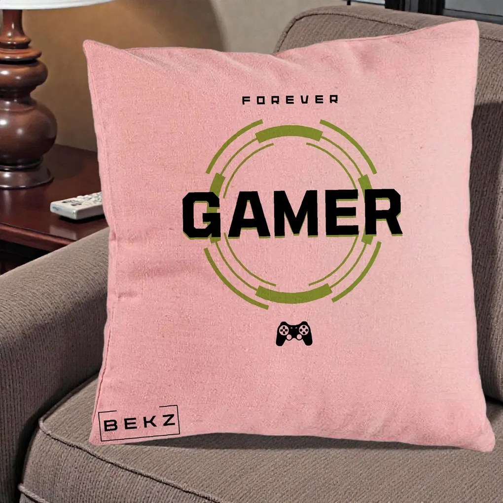 Perna Personalizata Forever Gamer, 40x40 cm, Roz, Husa Detasabila, Perna Inclusa, BEKZ®
