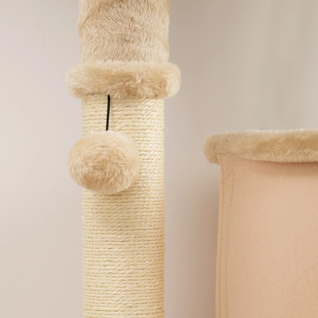 PawHut Arbore pentru Pisici Multilevel Înalt 132 cm cu Căsuță, Culcuș, Stâlpi Zgâriători, Perie și Biliță, Bej | Aosom Romania