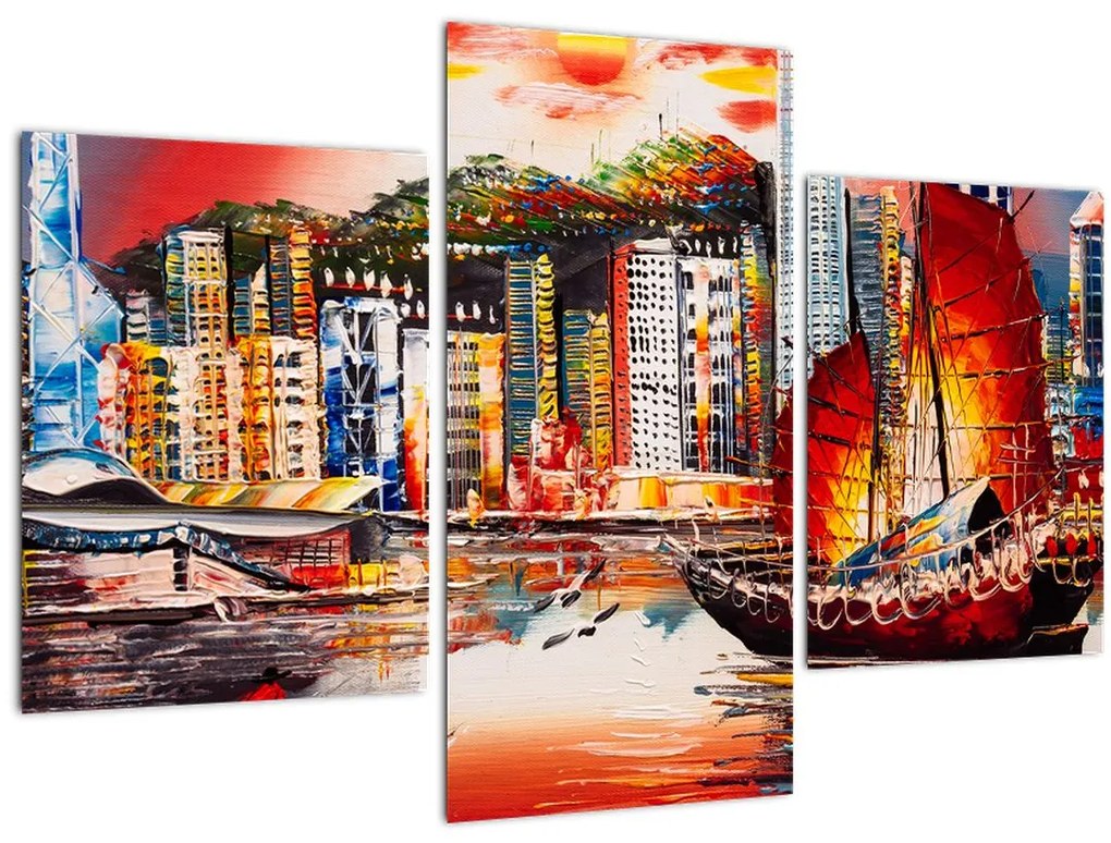 Tablou - Victoria Harbour, Hong Kong, pictură în ulei (90x60 cm)