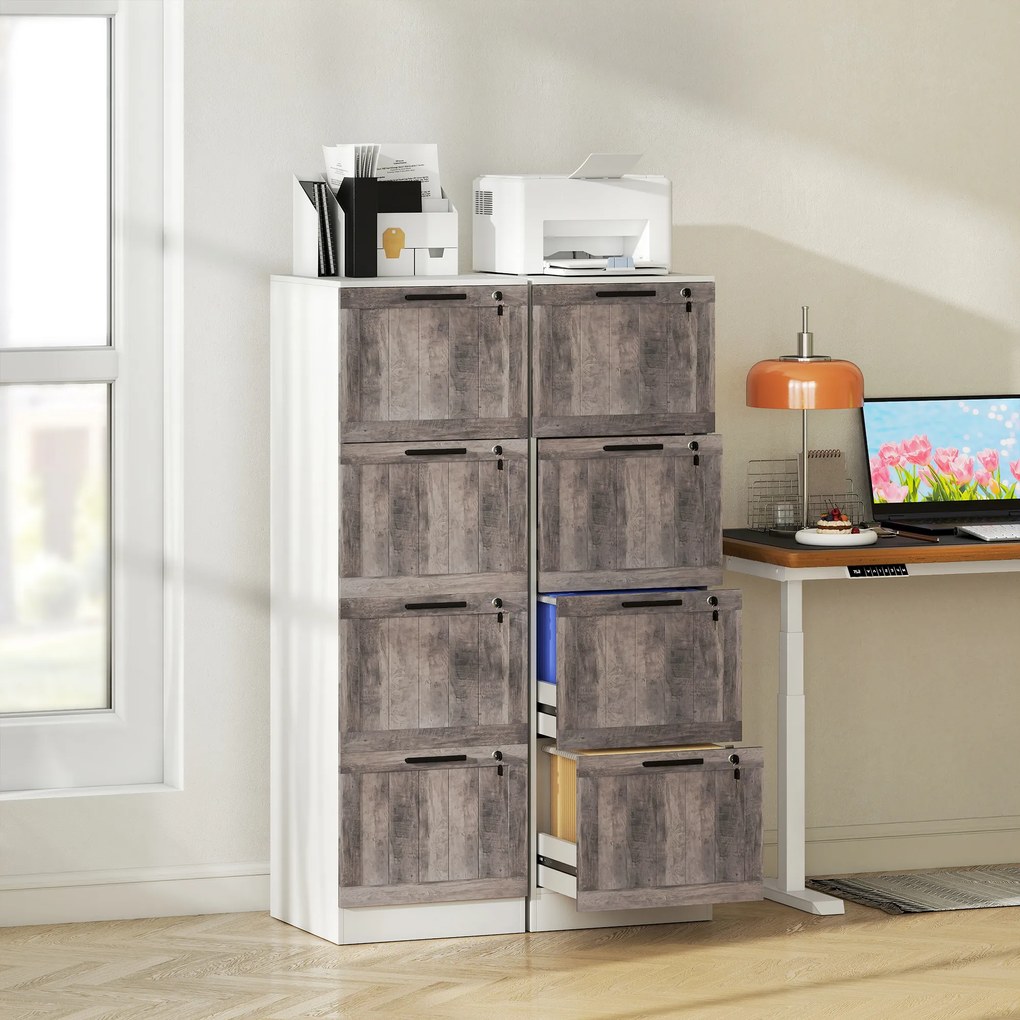 HOMCOM Cajonieră de Birou cu 4 Sertare Încuietoare 2 Chei Bare Suspendate pentru A4 Scrisoare 39,4x40x129 cm Alb și Lemn | Aosom Romania