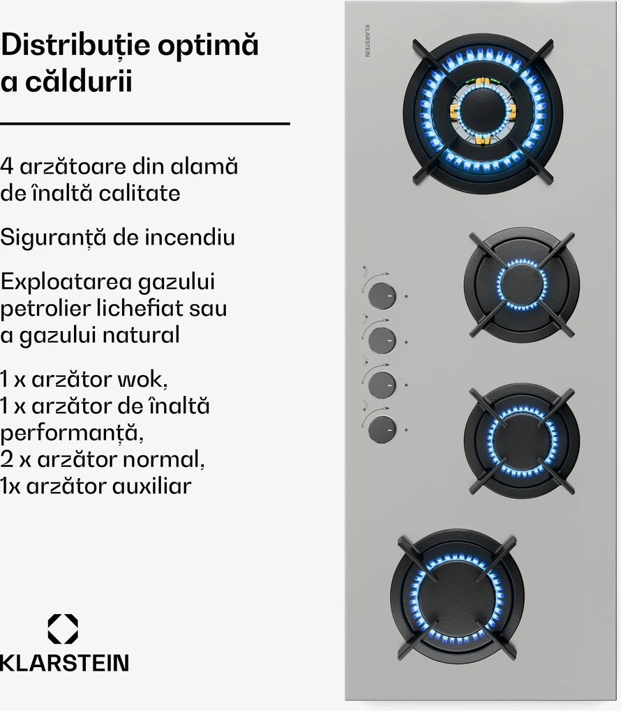 Klarstein Plită pe gaz Goldflame 4 Slim, 4 arzătoare, pentru gaz lichid sau natural