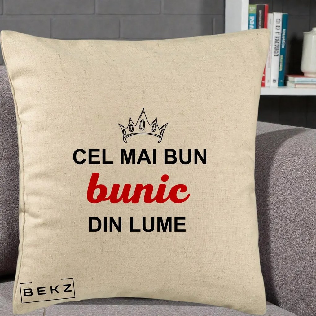 Cadou pentru Bunic - Perna Personalizata Cel Mai Bun Bunic Din Lume Coroana Rosu, 40x40 cm, Bej, Husa Detasabila, Perna Inclusa, BEKZ®