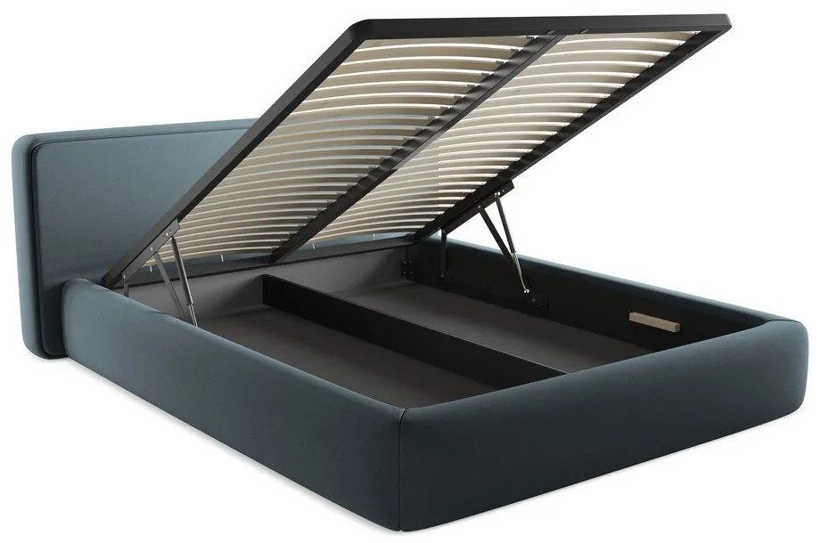 Pat matrimonial albastru tapițat cu spațiu de depozitare cu somieră 160x200 cm Kiana – Makamii