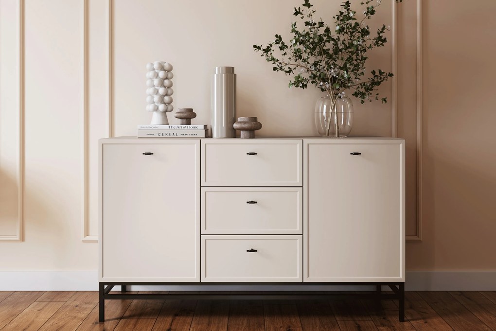 Comodă Lorini 150 cm cu sertare - cașmir / mânere negre T-bar / cadru