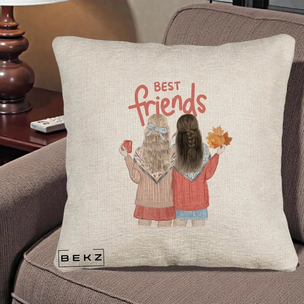 Cadou pentru Prieteni - Perna Personalizata Best Friends Toamna, 40x40 cm, Bej Canapea, Husa Detasabila, Perna Inclusa, BEKZ®