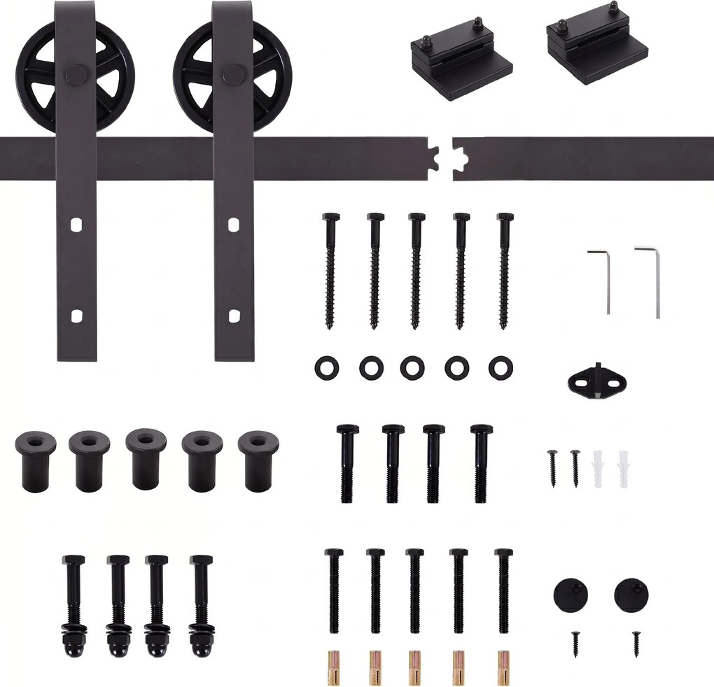 HOMCOM Kit Usa Glisanta 100kg max din Otel Carbon, pentru Usi Glisante cu Sina, 2 Manere, 2 Opritoare Usa, 2 Opritoare Podea, 183x4x0.6 cm