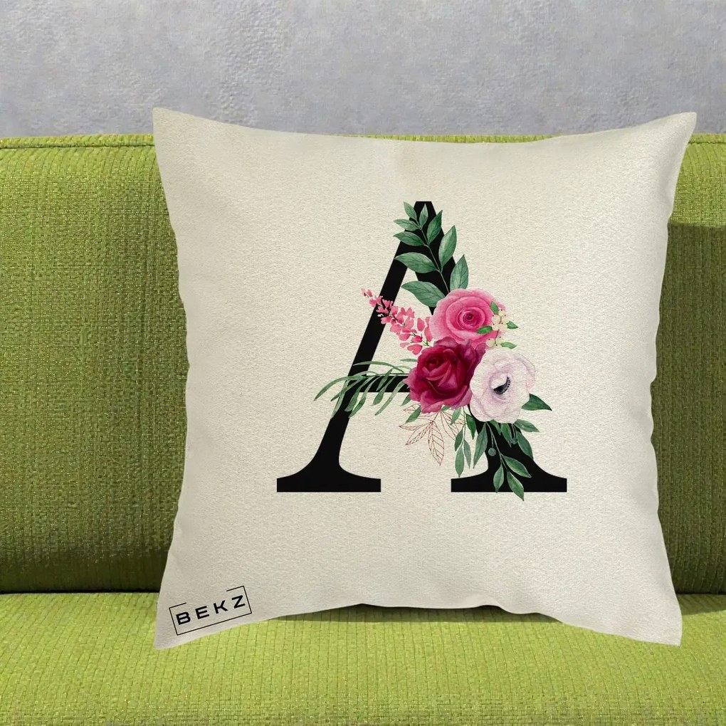 Cadou Personalizat - Perna Personalizata Monograma Florala Litera A, 40x40 cm, Ecru, Husa Detasabila, Perna Inclusa, BEKZ®
