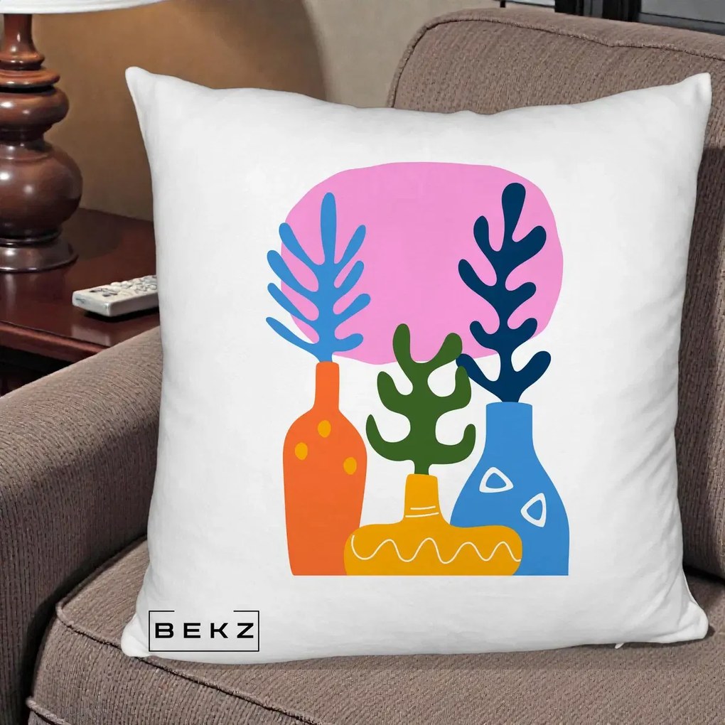 Perna Decorativa Vaze Botanice Abstract, 40x40 cm, Alb Pufos, Husa Detasabila, Perna Inclusa, BEKZ®