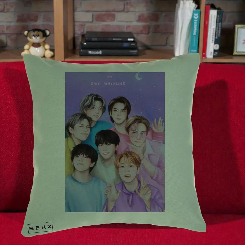 Perna Personalizata K-pop BTS Our Universe Fanart Violet Pastel, 40x40 cm, Verde, Husa Detasabila, Perna Inclusa, BEKZ®