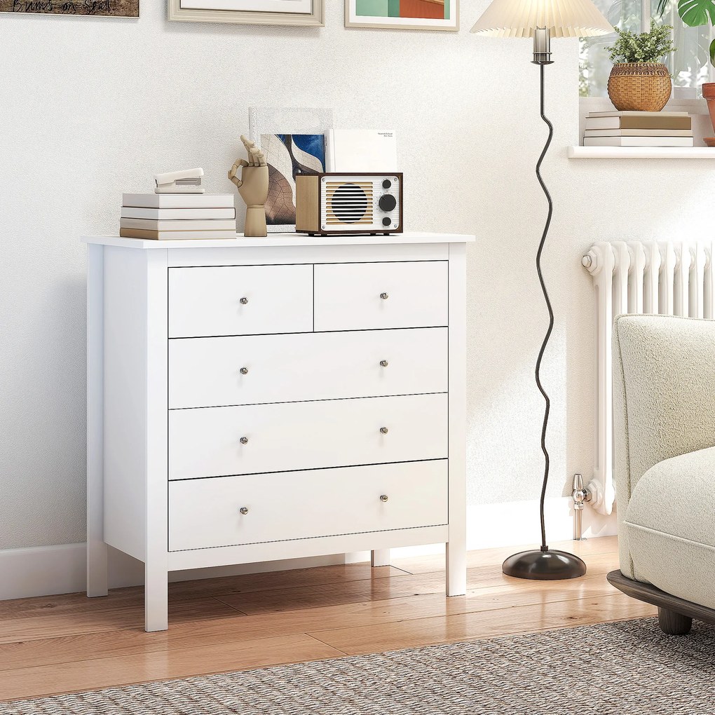 HOMCOM Comodă cu 2 Sertare Mici și 3 Sertare Mari, Comodă de Dormitor din Lemn, 79x39,5x80,5 cm, Alb | Aosom Romania
