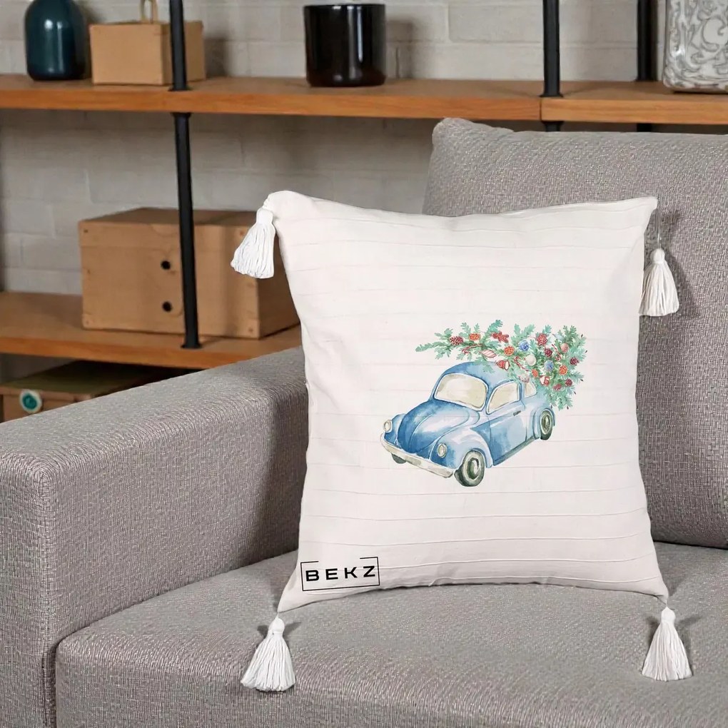 Perna Decorativa Masinuta Albastra cu Brad de Craciun, 40x40 cm, Bej cu Franjuri, Husa Detasabila, Perna Inclusa, BEKZ®