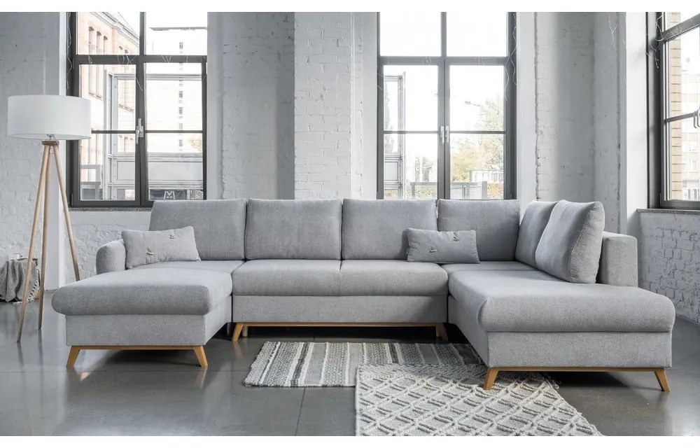 Canapea extensibilă în formă de "U" cu șezlong pe partea dreaptă Miuform Scandic Lagom, gri deschis