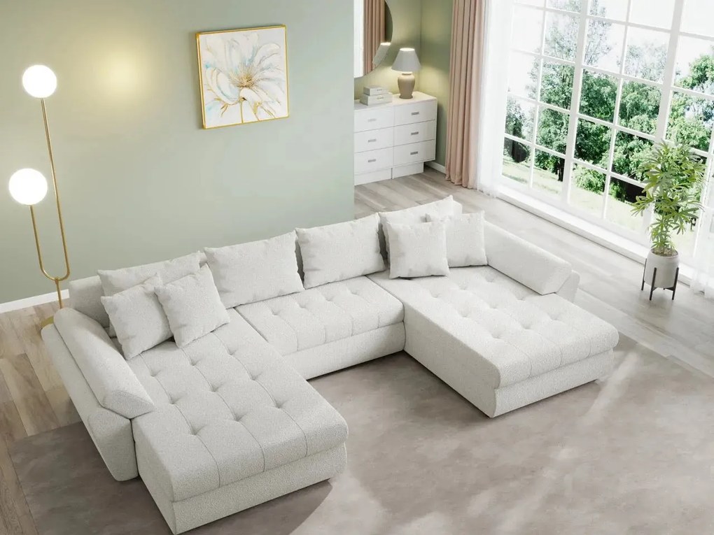 Colțar extensibil dumonde cu ladă de depozitare si sezut confortabil din spuma high-density, Loana U Euphoria Ivory 355x185 cm