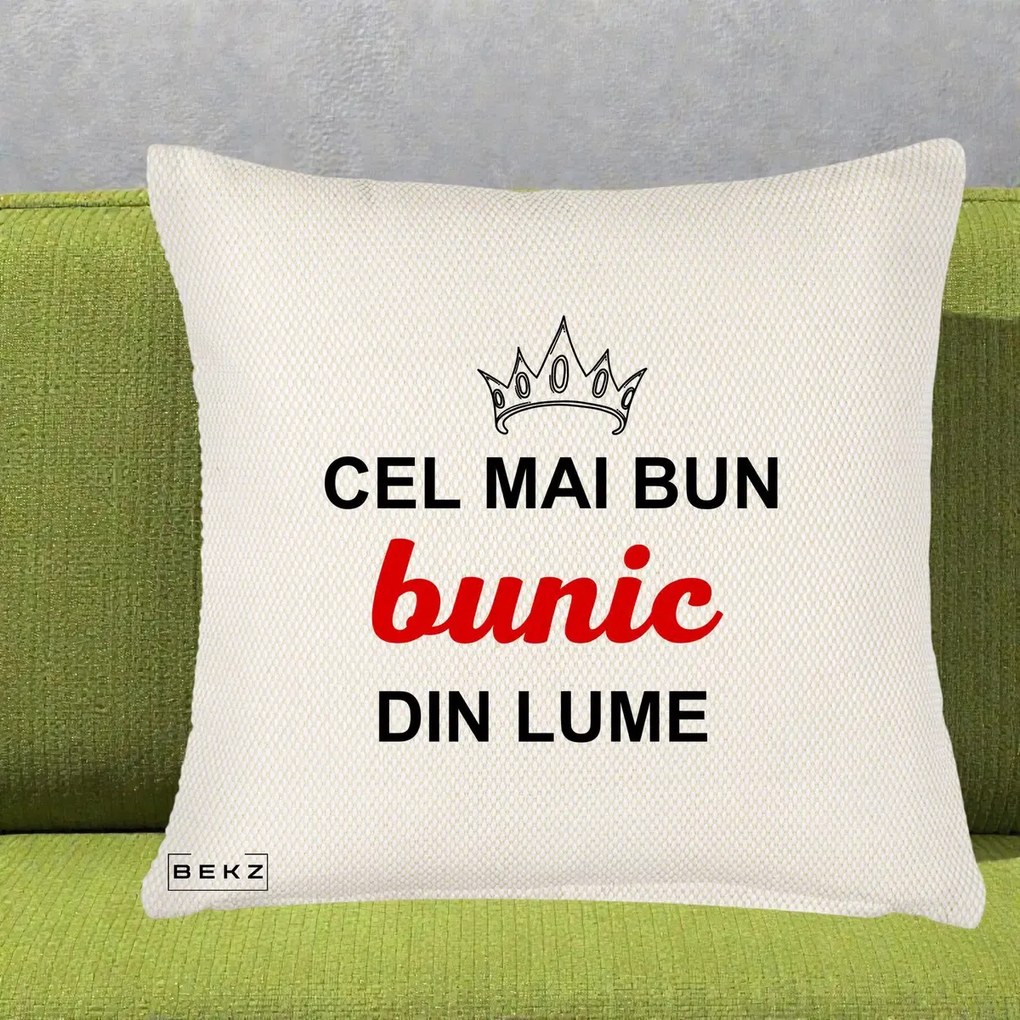 Cadou pentru Bunic - Perna Personalizata Cel Mai Bun Bunic Din Lume Coroana Rosu, 40x40 cm, Crem Reliefat, Husa Detasabila, Perna Inclusa, BEKZ®