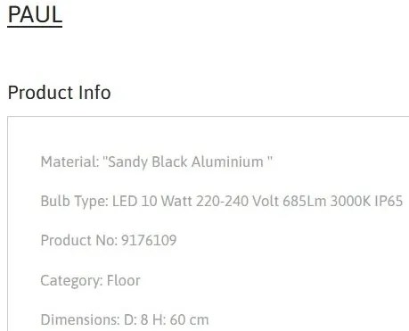 Stalp de exterior cu tarus pentru terasa sau gradina, PAUL H-60cm
