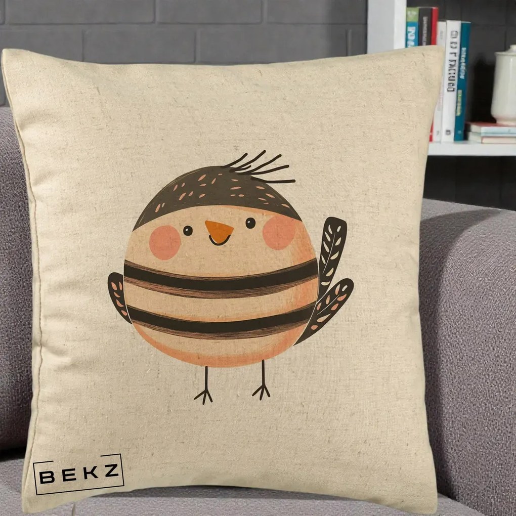 Perna Decorativa Pui Kawaii Bej-Negru Dungat, 40x40 cm, Bej, Husa Detasabila, Perna Inclusa, BEKZ®