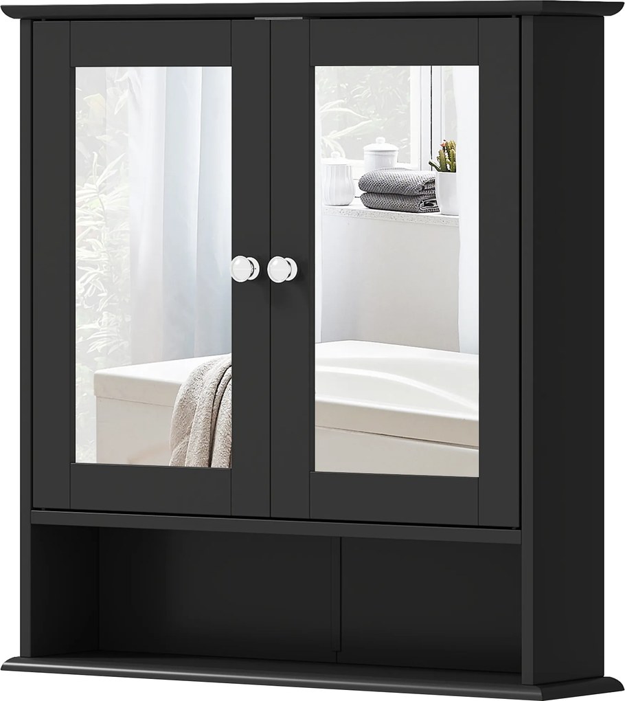 kleankin Dulap de baie cu oglindă Dulap de perete cu 2 uși Raft deschis Raft reglabil 56x13x58cm Negru | Aosom Romania