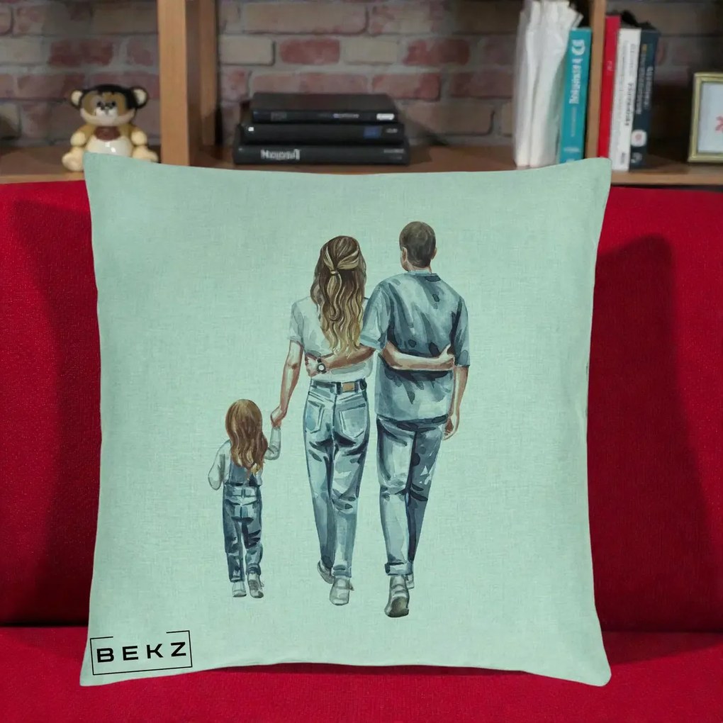 Cadou pentru Familie - Perna Personalizata Familie Acuarela Jeans, 40x40 cm, Verde Menta, Husa Detasabila, Perna Inclusa, BEKZ®