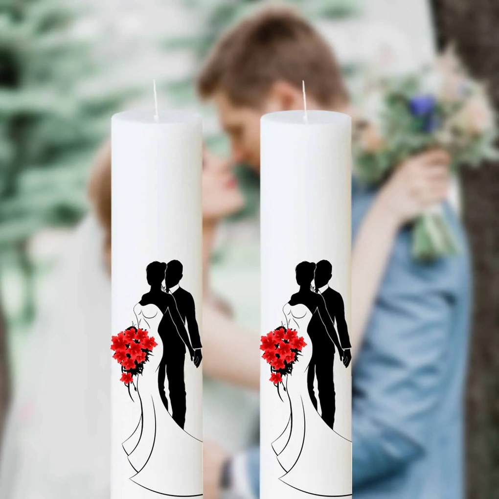 Set 2 Lumanari Nunta Mire si Mireasa cu buchet rosu 5,5 cm, 50 cm