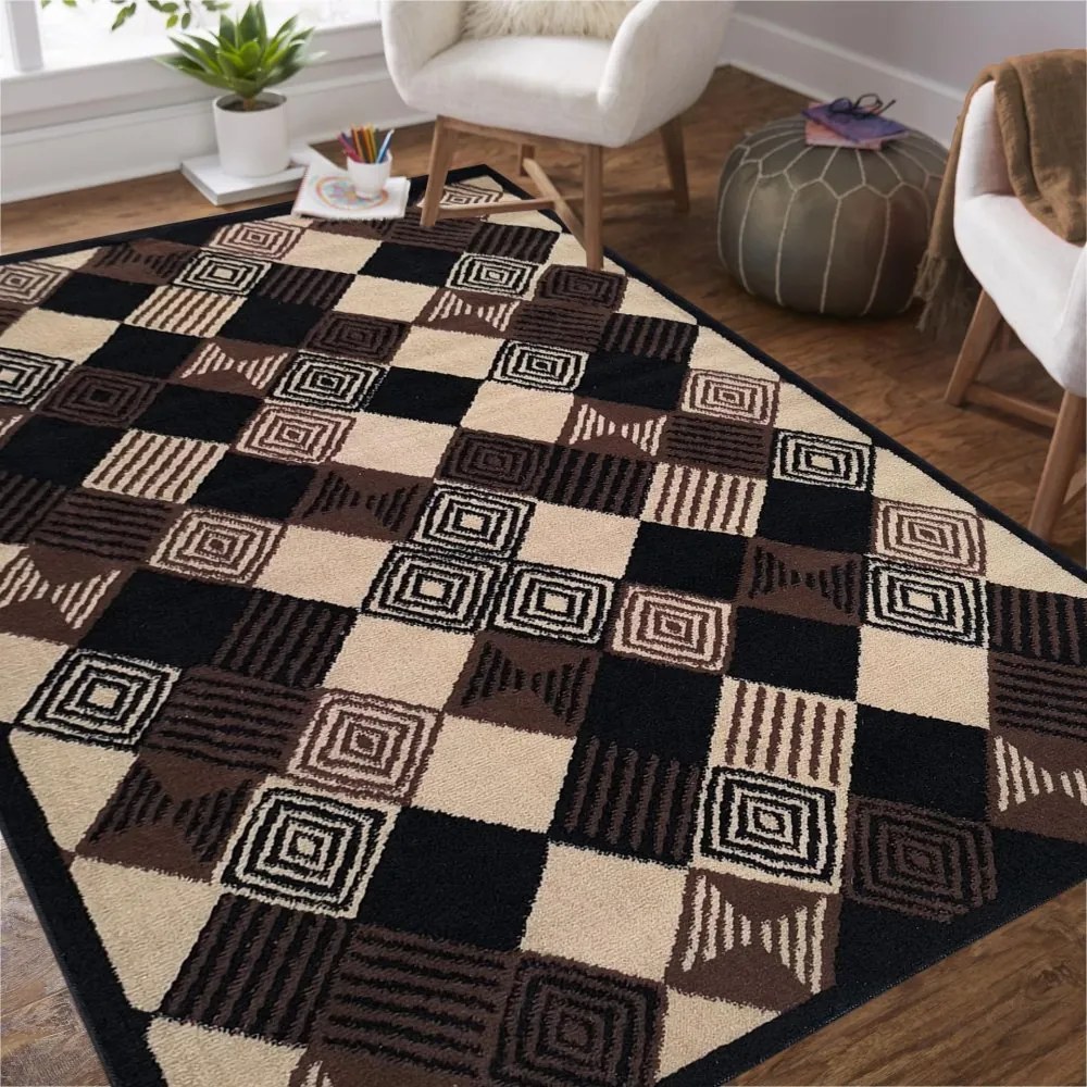 Covor ALFA cu model geometric pătrat - maro Lăţime: 80 cm | Lungime: 150 cm