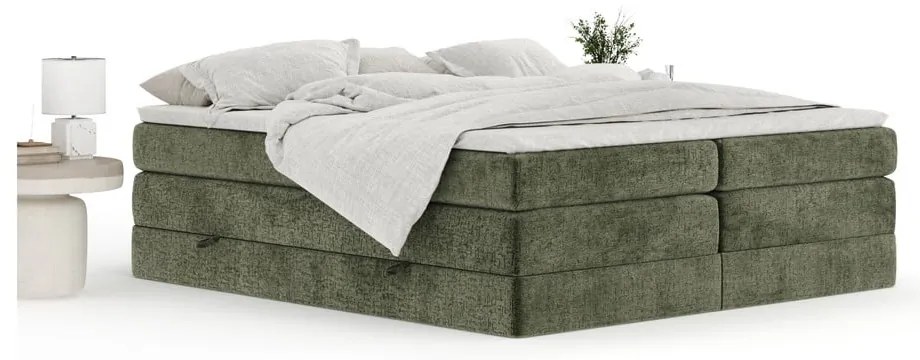 Pat boxspring verde închis cu spațiu de depozitare/fără tăblie 200x200 cm Juniper – Maison de Rêve