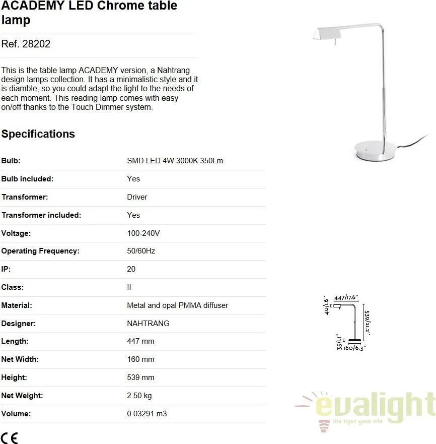 Lampa LED moderna / Veioza de birou touch dimmer ACADEMY crom 28202