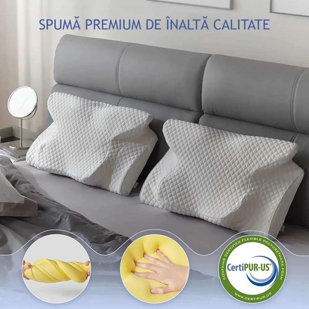 Perna cervicala ortopedica CERVI-SAN Memory Plus, doua inaltimi si suport brate, husa Tencel