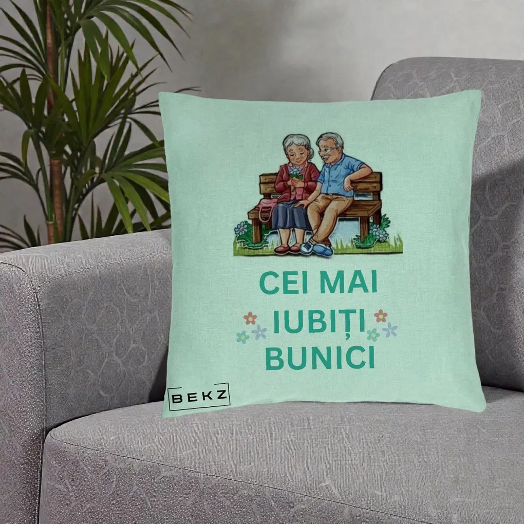 Cadou pentru Bunici - Perna Personalizata Cei Mai Iubiti Bunici Cuplu pe Banca Ilustratie, 40x40 cm, Verde Menta, Husa Detasabila, Perna Inclusa, BEKZ®