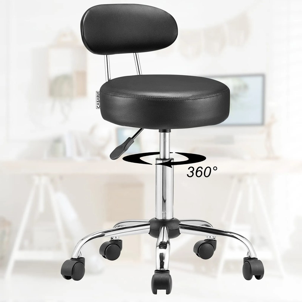 Casaria Taburet pe roți cu spătar ROLAND, Ø35cm, negru