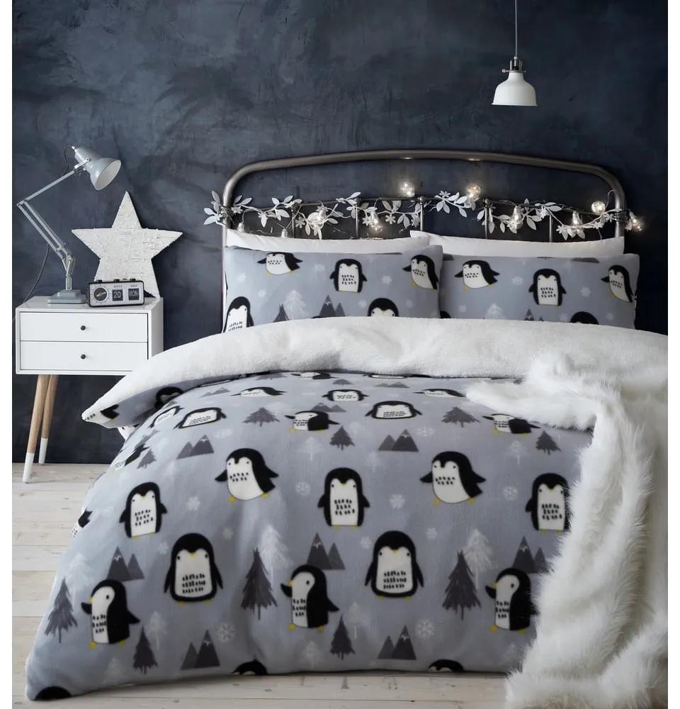 Lenjerie de pat din fleece Catherine Lansfield Penguin, 135 x 200 cm, gri