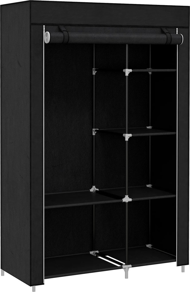 HOMCOM Dulap Portabil din Material, Dulap cu 6 Rafturi Deschise, 1 Bară și Ușă cu Fermoar, 103x43x162,5 cm, Negru | Aosom Romania