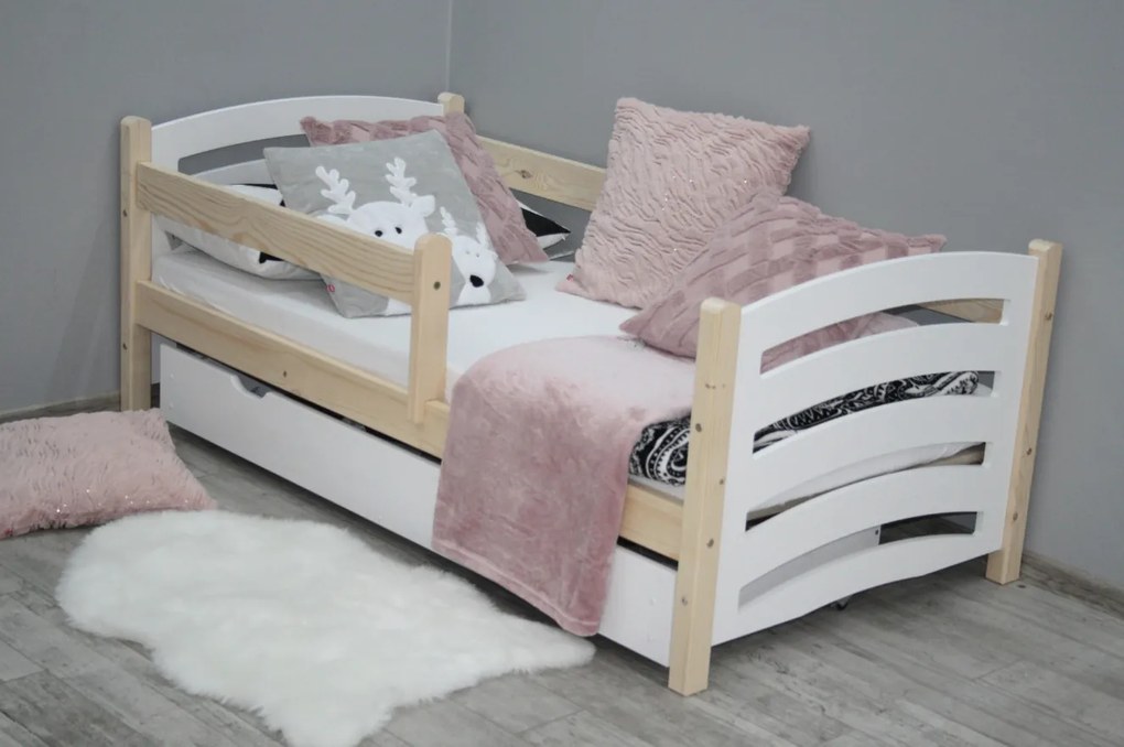 Pat pentru copii MELA 80 x 160 cm, alb–pin Saltele: Saltea COCO 10 cm, Somiera pat: Cu lamele curbate