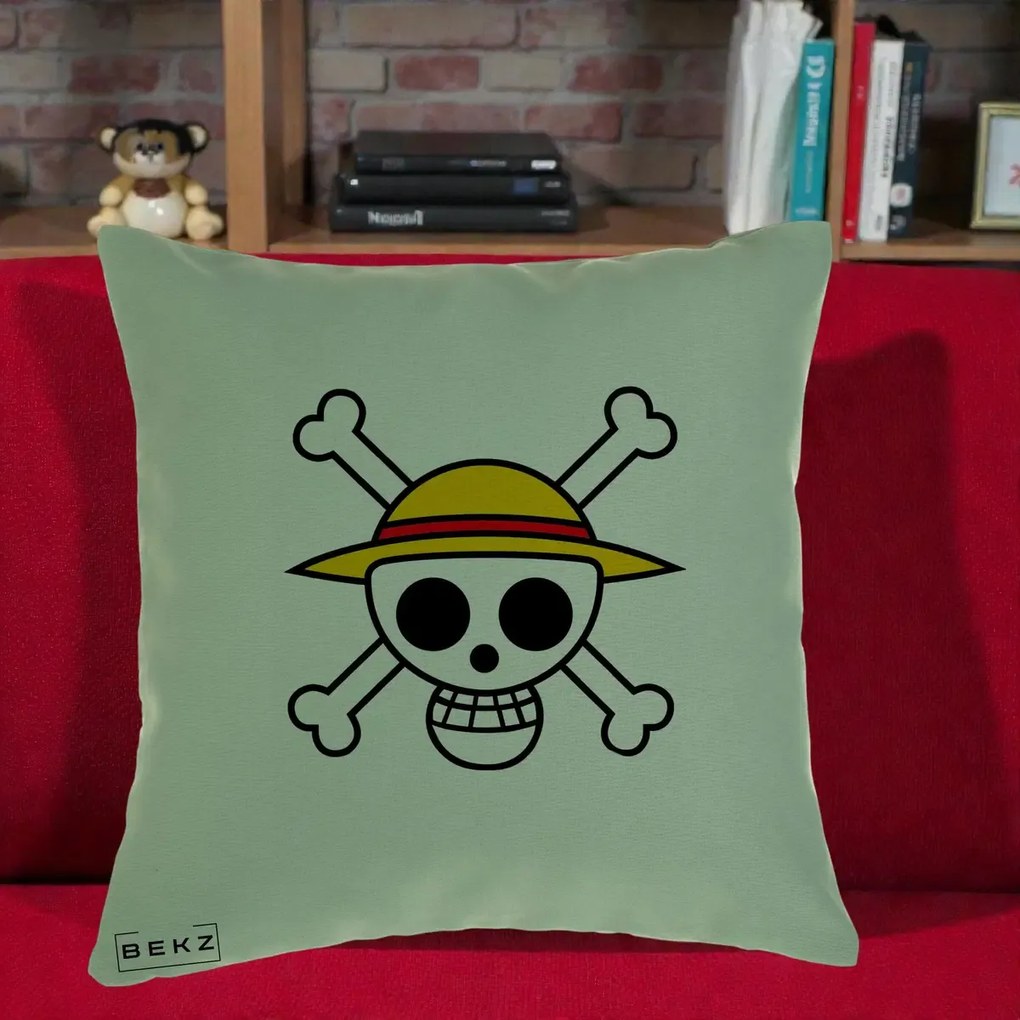 Perna Personalizata One Piece Jolly Roger Straw Hat Pirates, 40x40 cm, Verde, Husa Detasabila, Perna Inclusa, BEKZ®