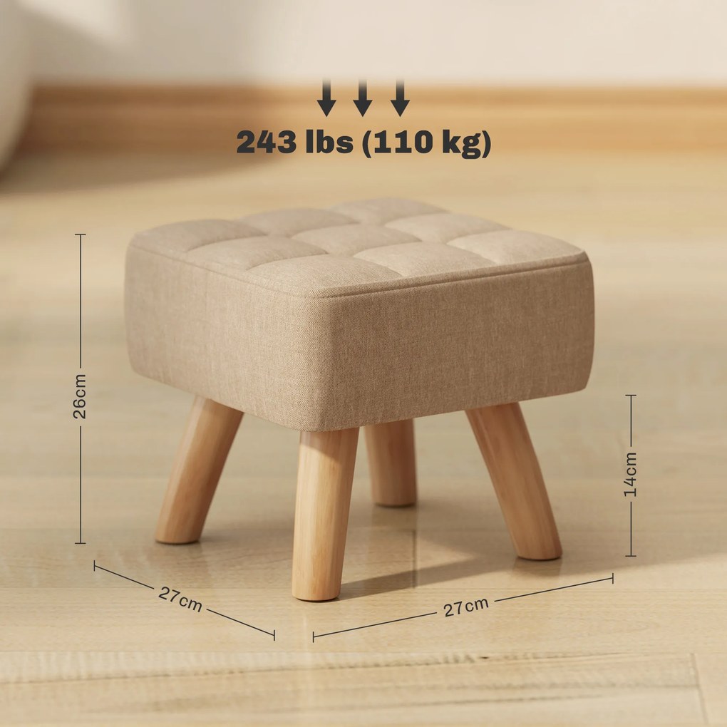 HOMCOM Puf pentru picioare din material cu aspect de in, 27x27x26 cm, cu picioare din lemn de arbore de cauciuc, suportă până la 110 kg, maro | Aosom Romania