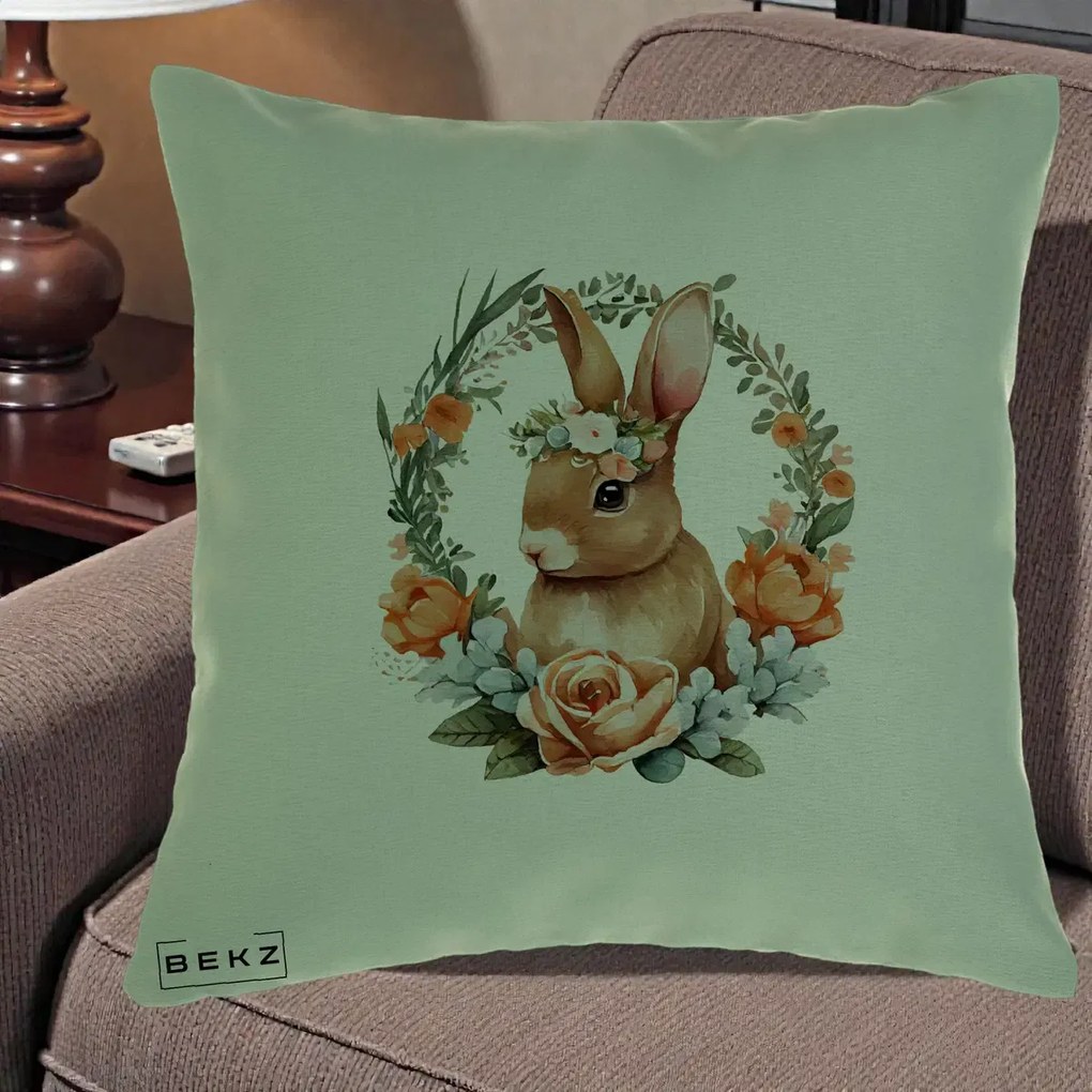 Perna Decorativa Iepuras Floral Coronita Acuarela, 40x40 cm, Verde, Husa Detasabila, Perna Inclusa, BEKZ®